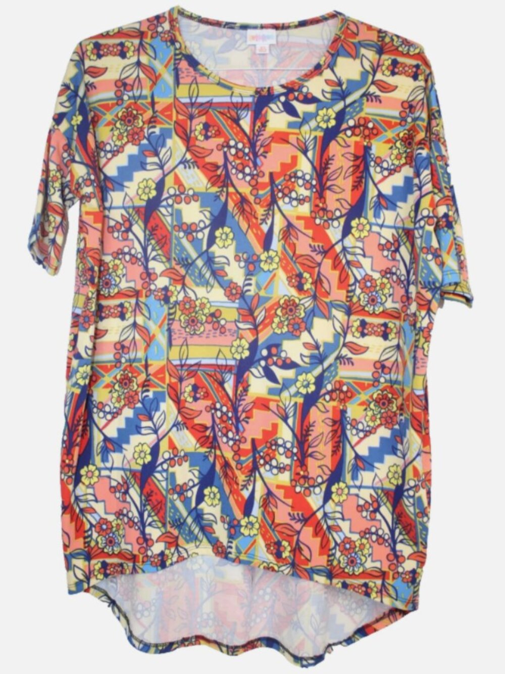 LuLaRoe IRMA T Shirt Women's Top NWT Size XS XSmall Red Blue Flowers Geometric